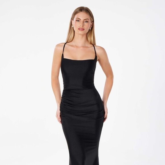 New Mermaid Maxi Evening Dress w/ Square Neckline & Open Lace Up Back CD T3001 - Picture 1 of 9